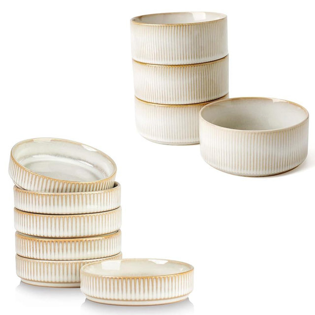 famiware 5.5" Soup Bowl Set of 6 and 4oz Dipping Bowl Set of 6 - Star Stoneware Dishes - Cappuccino White