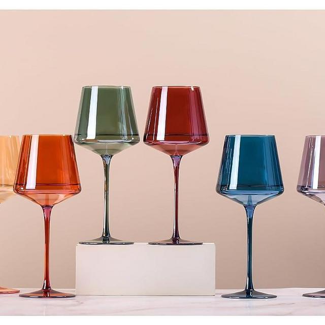 Colored Wine Glasses Set of 6 - ModernColorful Wine Glasses With Tall Long Stem and Flat Bottom,Colored Wine Stemwarein Assorted Colors for Engagement,Birthday,Wedding,Bridal Shower Party14oz