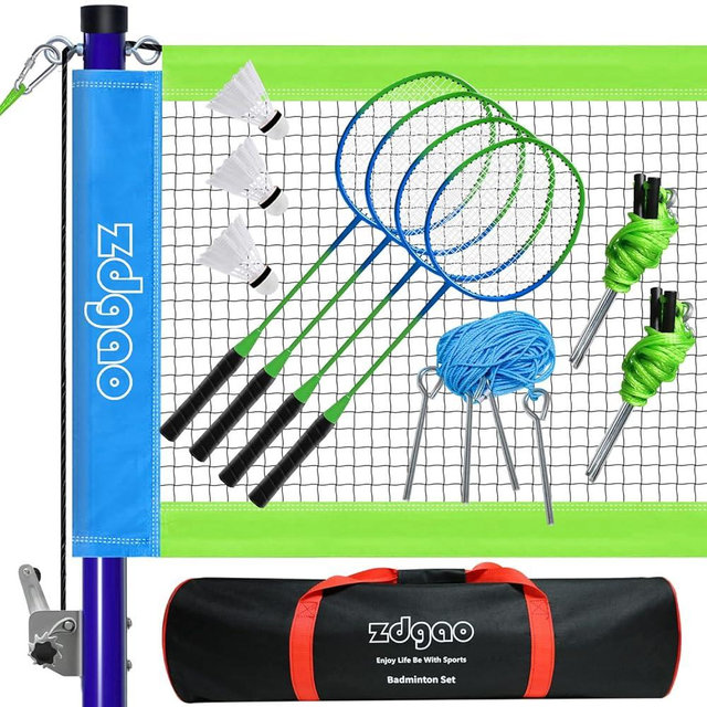 Zdgao Badminton Sets for Backyards with Net | Portable Badminton Net with Winch System, Aluminum Badminton Rackets Set of 4, 3 Nylon Shuttlecocks, Boundary Line and Durable Carrying Bag