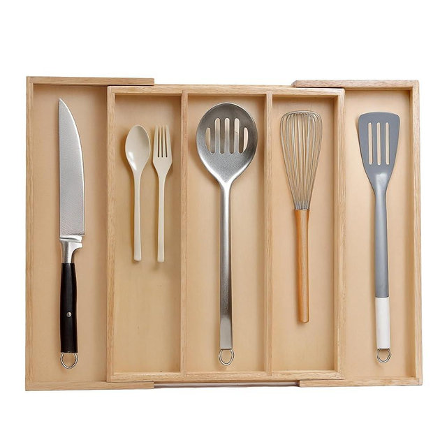 Nabytok Utensil Drawer Organizer, 5 Compartment Expandable Rubberwood Silverware Tray, Cutlery Drawer Organizer for Kitchen Organization, Wooden Holder for Adjustable Storage