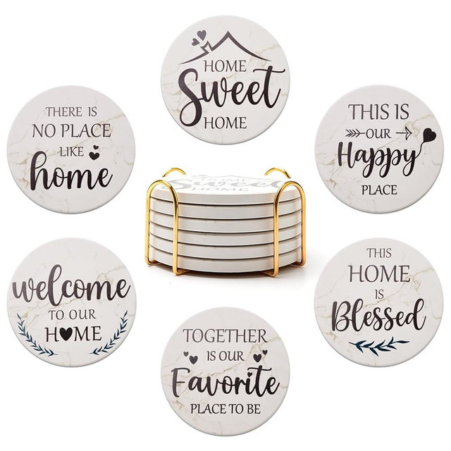 Housewarming Gifts for New Home Coasters Farmhouse Coffee Table Decor Set of 6 Pack Ceramic Cup Coaster Modern House Warming Gift Decorations Coster Cute Marble Drink Coasters Set