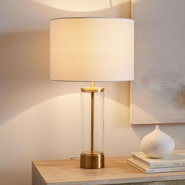 Acrylic Column Table Lamp + USB, Antique Brass, Set of 2