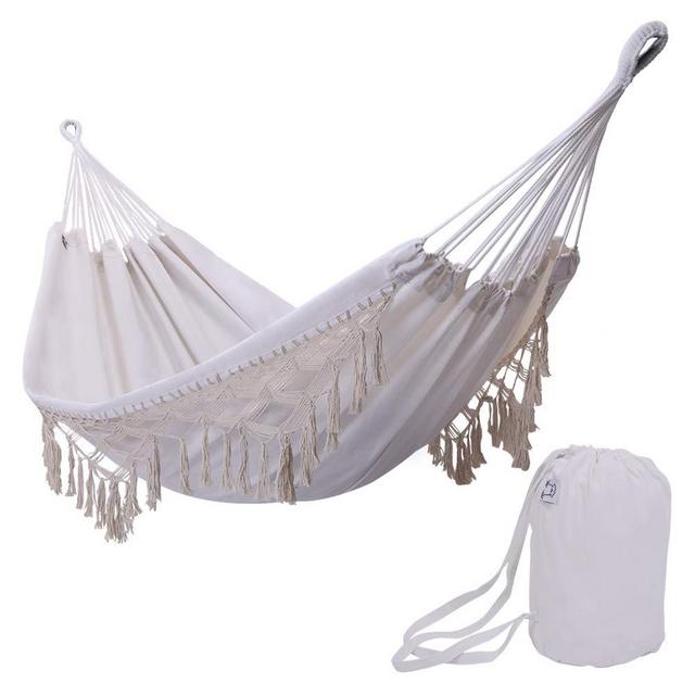 ONCLOUD Boho Large Brazilian Fringed Macramé Double Deluxe Hammock Swing Bed with Carry Bag for Patio, Porch, Bedroom, Yard, Beach, Indoor, Outdoor & Wedding Party Decor, White