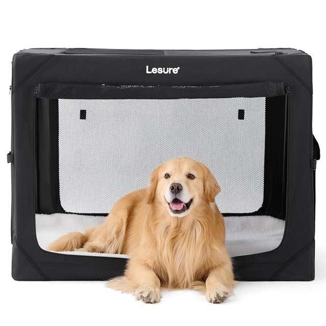 Lesure Collapsible Dog Crate - Portable Travel Kennel for Extra Large Dog, 4-Door Pet Crate with Mesh Windows, Indoor & Outdoor, Black