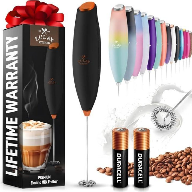 Zulay Kitchen Milk Frother Wand (2 Duracell Batteries Included) - Handheld Milk Frother - Easy-Clean Milk Frother Wand & Drink Mixer - Electric Coffee Frother for Frappe, Matcha - Exec Black/Copper