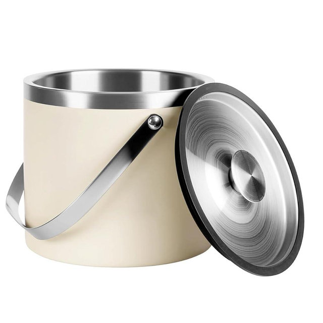 4L Beige-White Double Wall Insulated Stainless Steel Ice Bucket with Scoop for Cocktail Bar,Metal Ice Bucket for Freezer with Lid for Parties.ice Container to Keep Ice Colder,bar cart Accessories