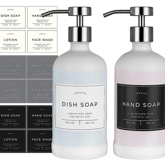 Verute 16oz White Glass Soap Dispenser with Stainless Steel Pump, 21 Waterproof Labels and Non-Slip Protective Silicone Pad, Set of 2 for Bathroom and Kitchen (Matte White Bottle/Silver Pump)