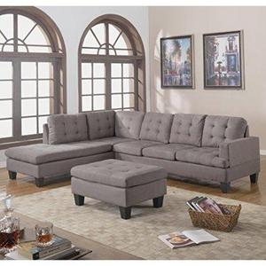 Divano Roma Furniture 3-Piece Reversible Chaise Sectional Sofa with Ottoman, Grey Charcoal