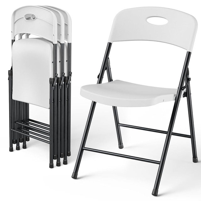 MAKE CHANGES Folding Chairs 4 Pack, Outdoor Portable Foldable Chair with Steel Frame, 300lbs Capacity Heavy Duty Metal White Plastic Folding Chairs for Patio, Picnic, Kitchen, Dining