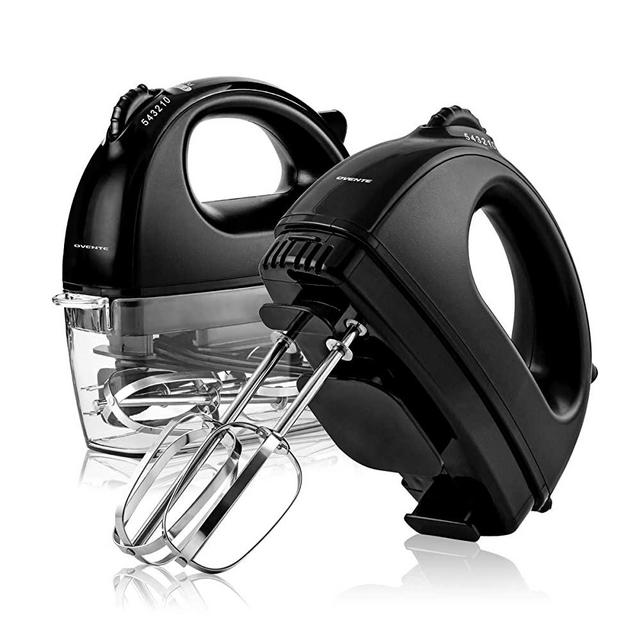 Ovente Portable Electric Hand Mixer 5 Speed Mixing, 150W Powerful Blender for Baking & Cooking with 2 Stainless Steel Chrome Beater Attachments & Snap Clear Case Compact Easy Storage, Black HM161B