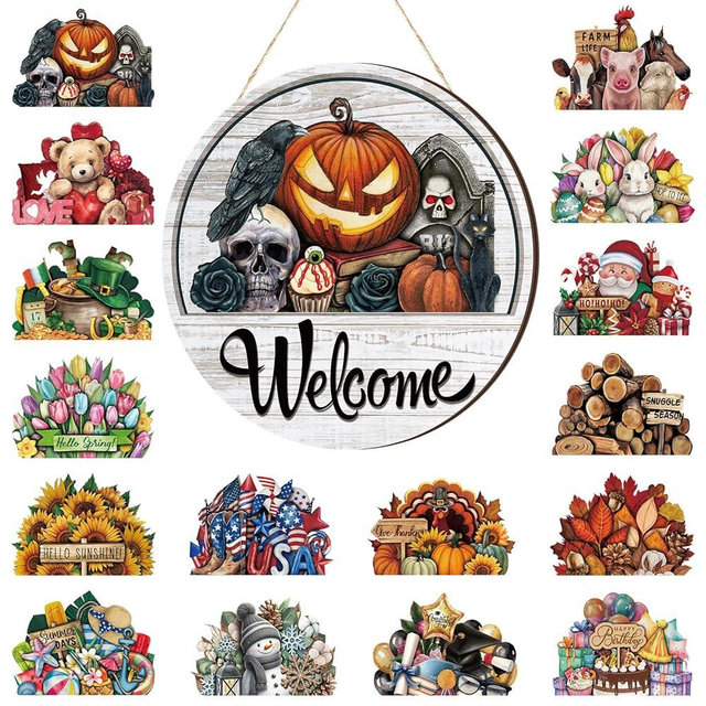 Yousoontic 17 Pcs 12 Inch Magnetic welcome door sign for Interchangeable Front Door Decorations Seasonal and Festive Door Signs for Home Round Wood Sign Hanging welcome door signs for Wall Farmhouse