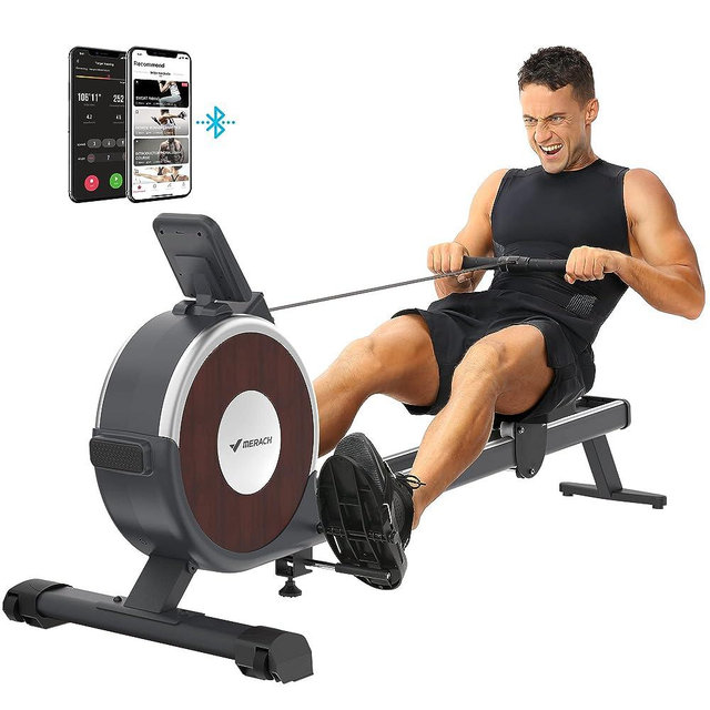 Rowing Machine, MERACH Bluetooth Magnetic Rower Machine with Dual Slide Rail, 16 Levels of Quiet Resistance, Max 350lb Weight Capacity, App Compatible, Rowing Machines for Home Use
