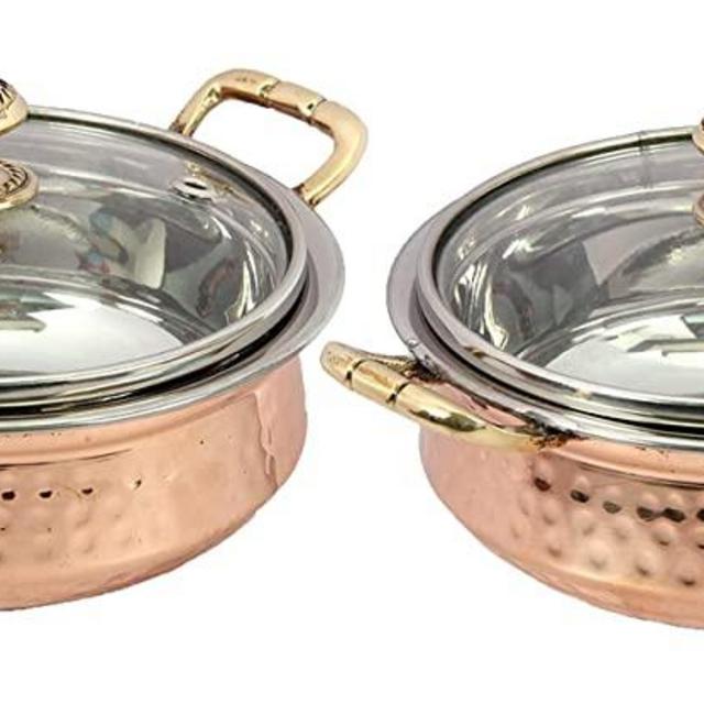 Set of 2 Indian hammered copper stainless steel serving bowl for food soup with handle and glass lid decorative seveware Size- 6 Inch