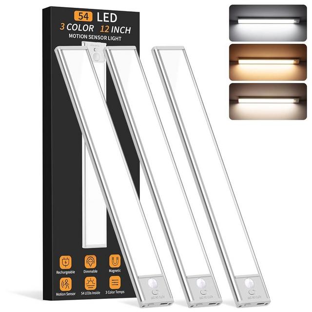 Under Cabinet Lighting Wireless, 54 LED Motion Sensor Light Indoor, 3 Color Dimmable Closet Lights Battery Operated, Rechargeable Magnetic Light, Under Counter Lights for Kitchen, Stairs, Home (3Pack)