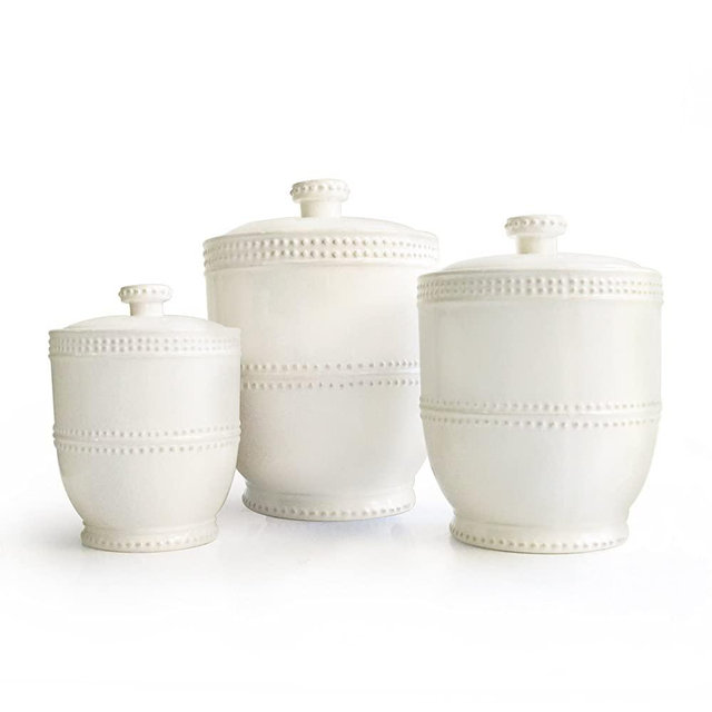 American Atelier Bianca Bead Canister Set 3-Piece Ceramic Jars Chic Design With Lids for Cookies, Candy, Coffee, Flour, Sugar, Rice, Pasta, Cereal & More, 18.50x7.75x9.8, White Updated