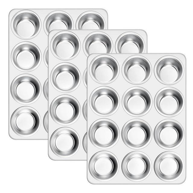 E-far 12-Cup Muffin Pan Set of 3, Stainless Steel Cupcake Pan Tins, Non-Toxic Metal Cupcake Tray for Baking Small Muffin Cakes, Heavy Duty & Regular Size, Rust Free & Dishwasher Safe