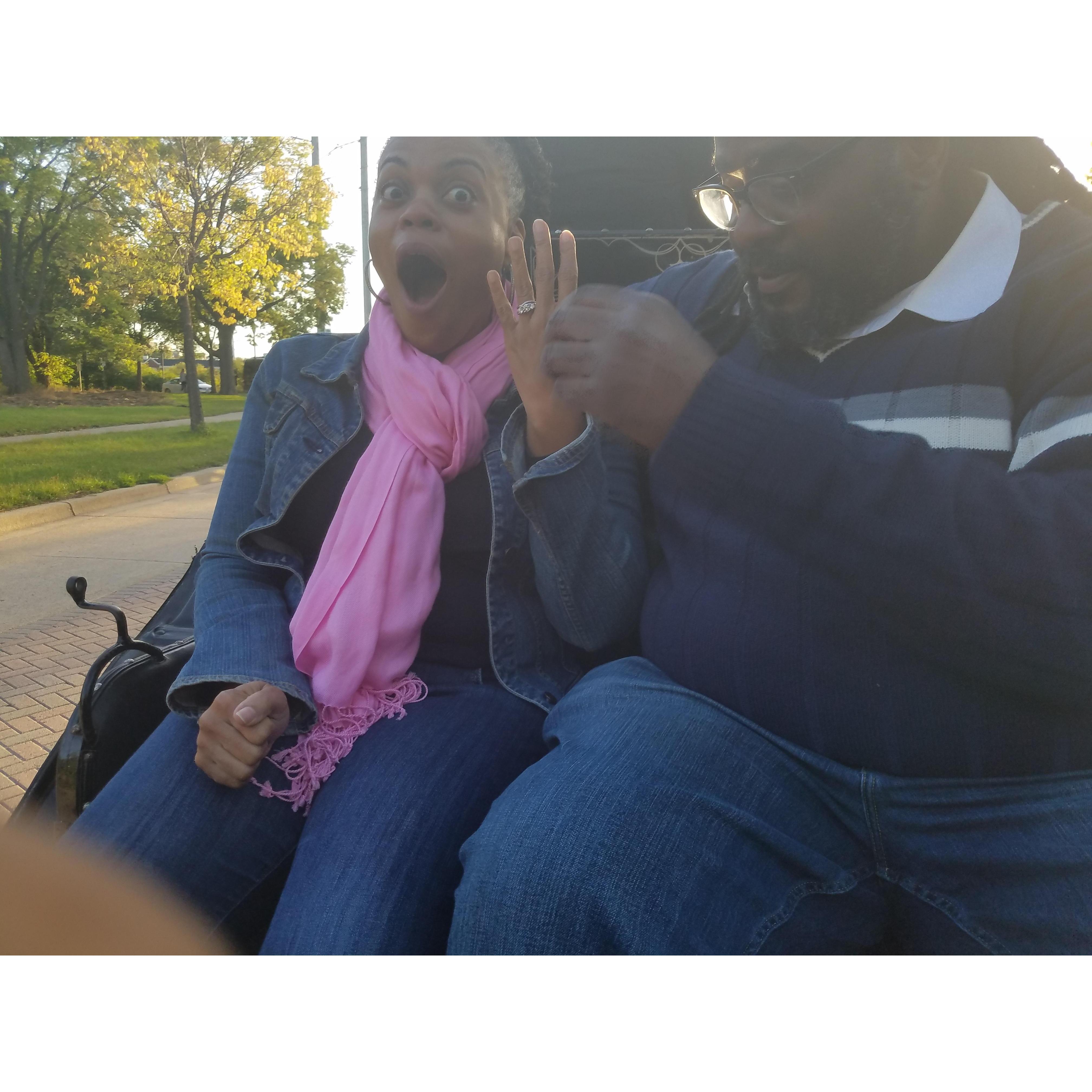 Ken surprised me and my girls by proposing to me, on a horse drawn carriage, on Nicollet Island.