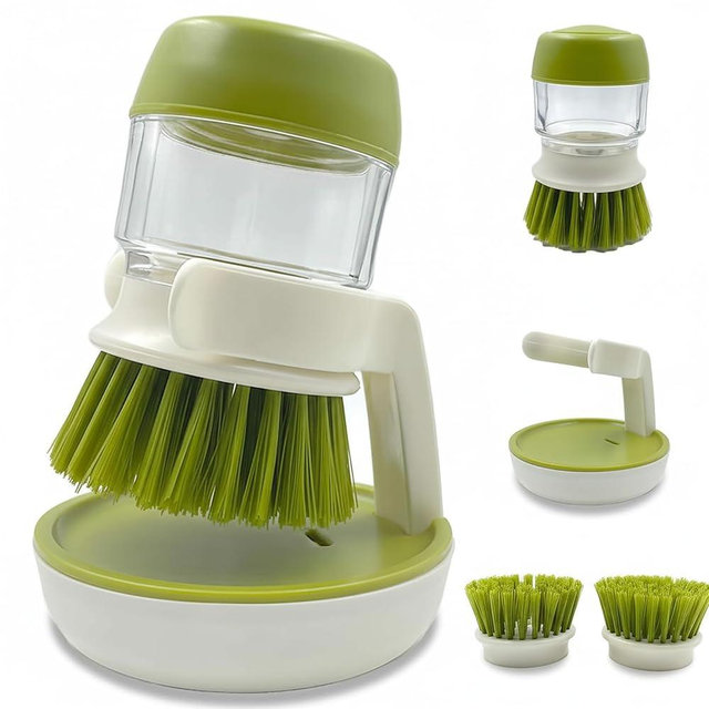 Good Grips Soap Dispensing Palm Brush, Dish Scrub Brush, Kitchen Brushes for Dishes, Kitchen Brush with Holder for Pot Pan Sink Cleaning (Green)