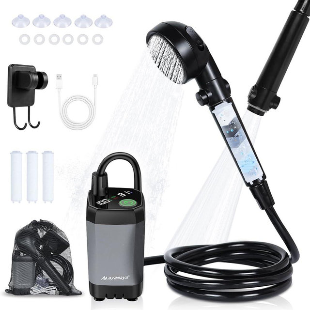 ayamaya Portable Shower for Camping, 6000mAh Rechargeable Shower Pump with Filtered Shower Head, 4 Spray Modes & LED Display, Outdoor Camp Showers for Hiking, Beach, Travel, Pet Bath, Car Washing