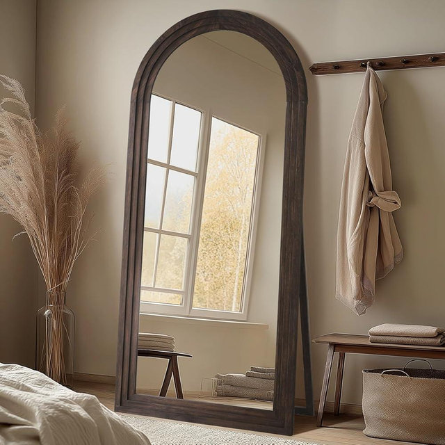 MELOMOIR Arched Full Length Mirror with Solid Wood Frame, 71"x32" Rustic Farmhouse Large Floor Mirror with Stand, Free Standing Leaning Hanging, for Bedroom Living Room Dressing Room Entryway, Brown
