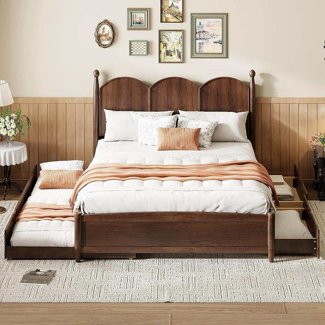 Harper & Bright Designs Queen Size Platform Bed with Storage Drawers and Twin XL Trundle, Queen Storage Bed with Headboard for Kids Teens, 750 LBS Capacity, No Box Spring Needed, Walnut
