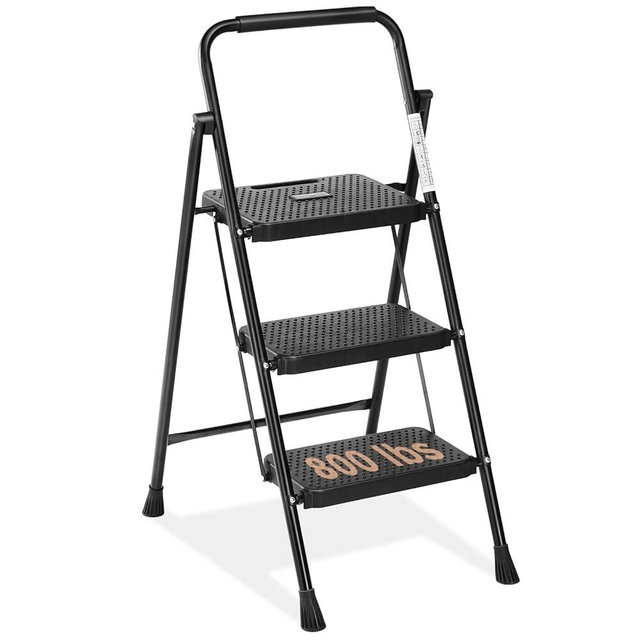 Sweetcrispy 3 Step Ladder, 800lbs Folding Step Stool with Wide Anti-Slip Pedal, Sturdy Ladder, Convenient Handrail, Lightweight, Portable Step Stool