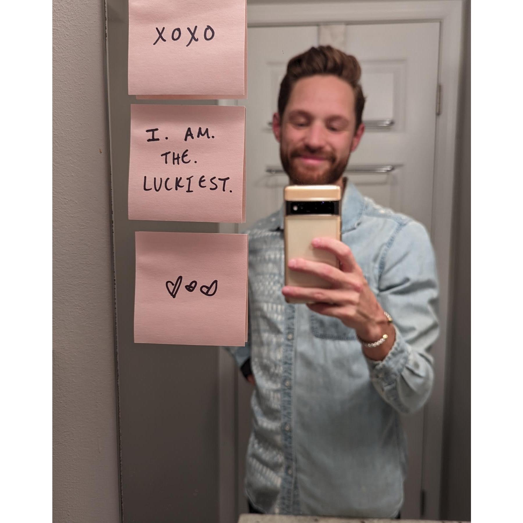 Benj asked Travis to be his boyfriend by leaving post-its on the bathroom mirror, and at some point Travis sent this picture back