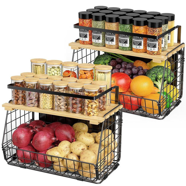 GGIU Magnetic Shelf for Fridge with Wood Lid: 2 Pack Fruit Potato and Onion Storage Bin - Magnetic Spice Rack for Refrigerator & Kitchen Counter - Pantry Organizers and Storage