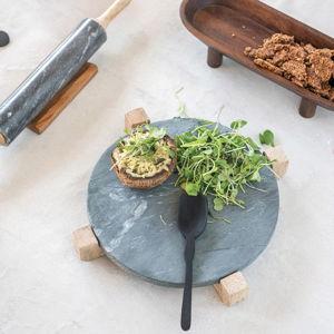 Marble Serving Board with Mango Wood Stand, Black & Natural, Set of 2