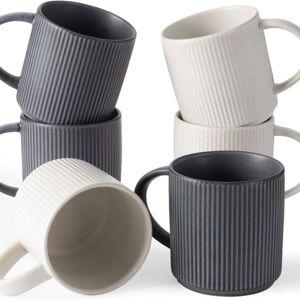 famiware Coffee Mug Set for 6, Star 12 oz Catering Mugs Cup Set with Handle for Coffee, Tea, Cocoa, Milk - Ceramic Stoneware Drinkware Set, Matte White + Matte Black