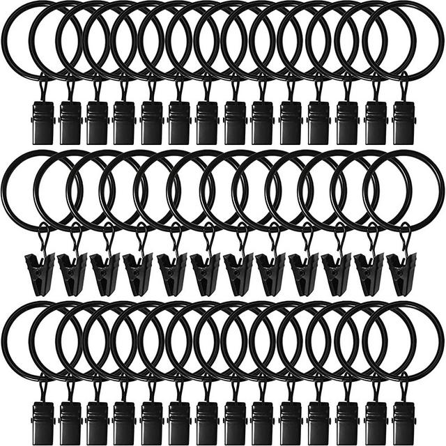 AMZSEVEN 40pcs Curtain Rings with Clips, Strong Drapery Clips Hooks on Tension Rod Bracket, 1.26 Inch Interior Diameter Metal Eyelets Decorative Drapes Window Hangers, Vintage Black