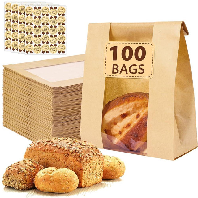 Moretoes Sourdough Paper Bread Bags, 100 Packs for Homemade Bread With Window, Includes Label Seal Stickers for Baked Food Packaging Storage (13.7x8.3x3.5 Inch)