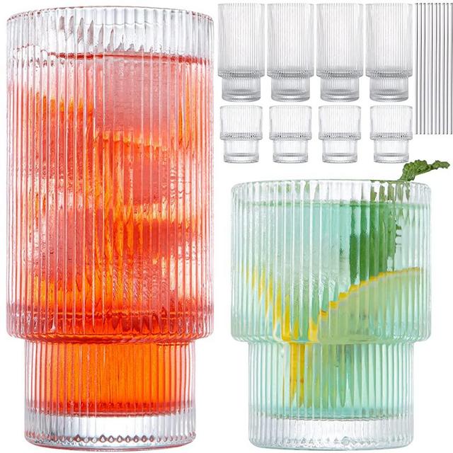 Drinking Glasses, Claplante Origami Style 8 pcs Glass Cups with straw , 4 Highball Glasses & 4 Rocks Glasses, Elegant Ripple Vintage Glassware, Iced Coffee Glasses, Ideal for Cocktail, Whiskey, Juice
