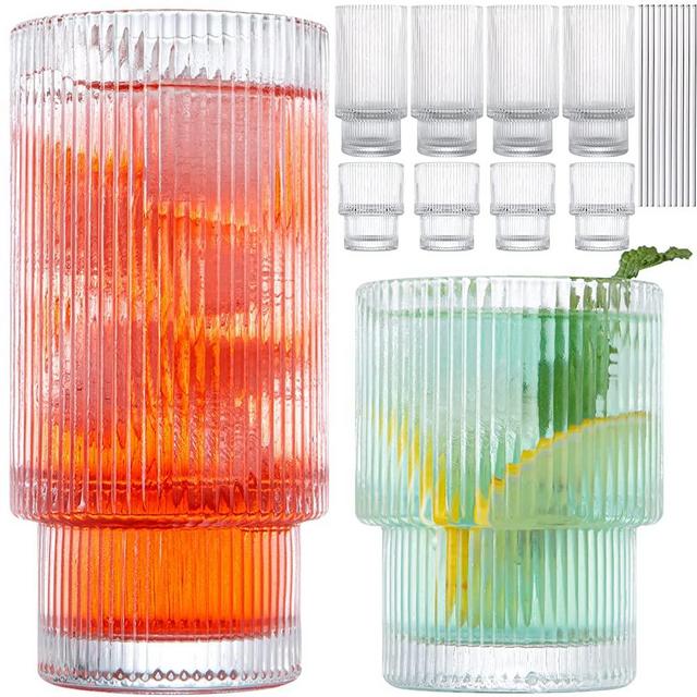 Combler Ribbed Glasses Drinking Set of 4, 14 oz Ribbed Drinking Glasses, Ribbed Glass Cups, Fluted Glassware Sets, Short Cocktail Glasses, Glassware