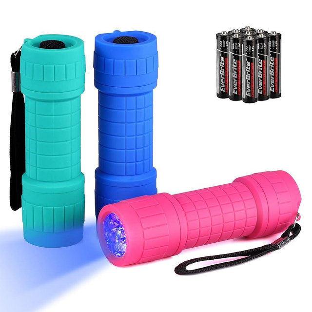 EverBrite UV Blacklight Flashlights 3-Pack Set, 9 LEDs 395nm Mini Black Light for Neon Glow Art, Class Teaching, Scorpions, Pets Stains Urine, 9 AAA Batteries Included