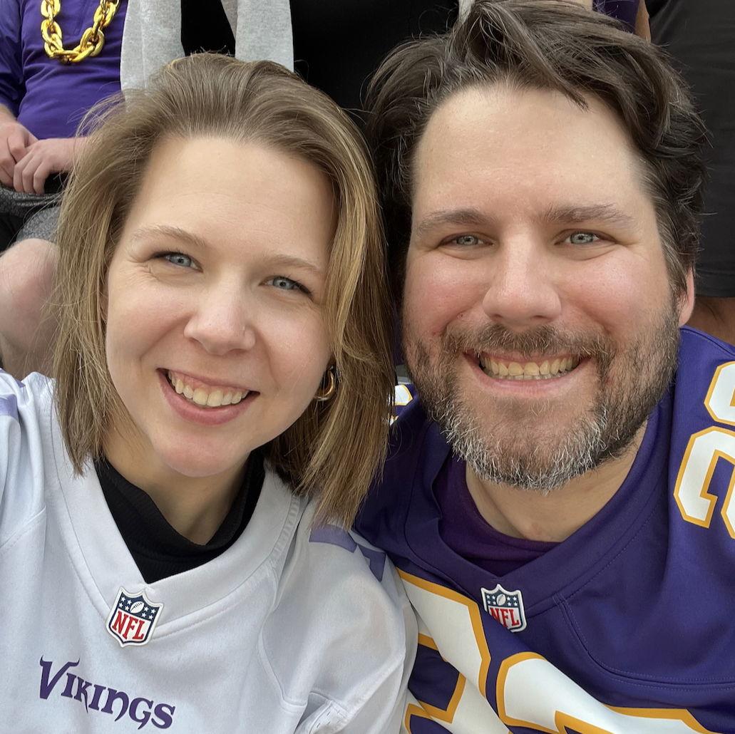 Celebrating a Vikings win together, with Adam fully committed to bleeding purple at this point.
