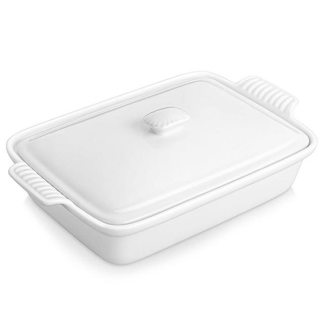 MALACASA 3.4 Quart Baking Dish With Lid, Porcelain Casserole dish with Lid, 13 x 9 Lasagna Pan Deep with Lid, Rectangular Bakeware With Handle, Microwave, Oven Safe, White, Series BAKE
