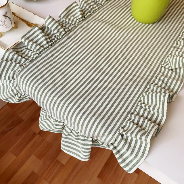 Green Striped Table Runner Ruffled, Custom Table Runner, Spring Wedding Runner, French Tablecloth, Farmhouse Dining Room Linens