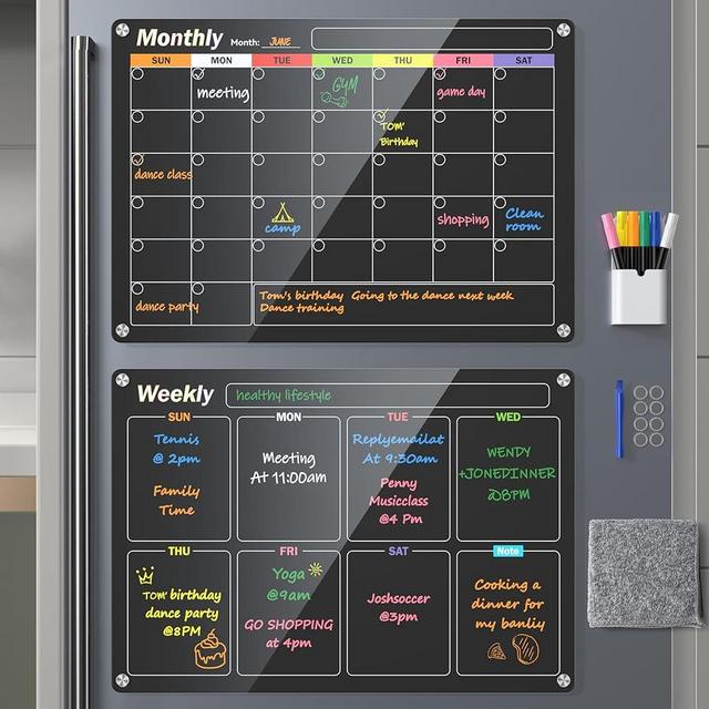 Acrylic Magnetic Dry Erase Board for Fridge, 2-Pack Monthly & Weekly Calendar Planner Note Blackboard Set for Refrigerator/Wall/Glass/Kitchen, 6 Colors Markers (17"x12")