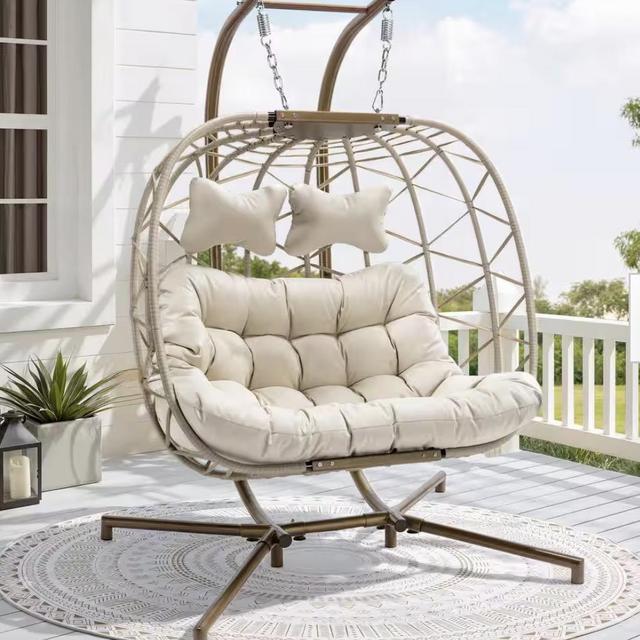 Oversized 2-Person Patio Wicker Hanging Egg Swing Chair Indoor Outdoor Porch Lounge Chair with Stand and Beige Cushion