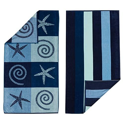 100% Cotton 2-Pack Beach Towel. Soft Absorbent Quick Dry Towel Set. Playa Collection. (30" x 60", Starfish / Stripe)