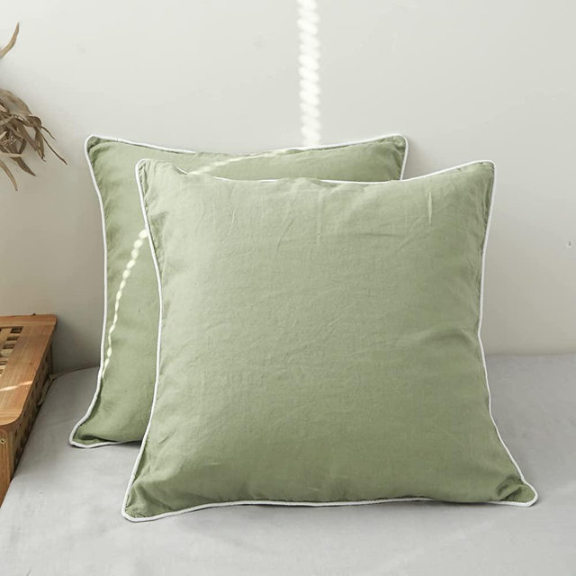 Simple&Opulence 100% Linen Euro Shams with White Trim Inserted Edges 26x26 Inch Stone Washed Pillow Cover Set of 2 Basic Style Cushion Case ,Sage Green