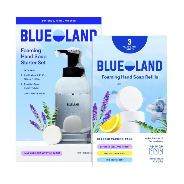 Blueland Hand Soap Starter Set - Slate Reusable Bottle and Lavender Scent Table 2ct/0.3oz + Refill Tablets Classic Variety 3ct/0.9oz