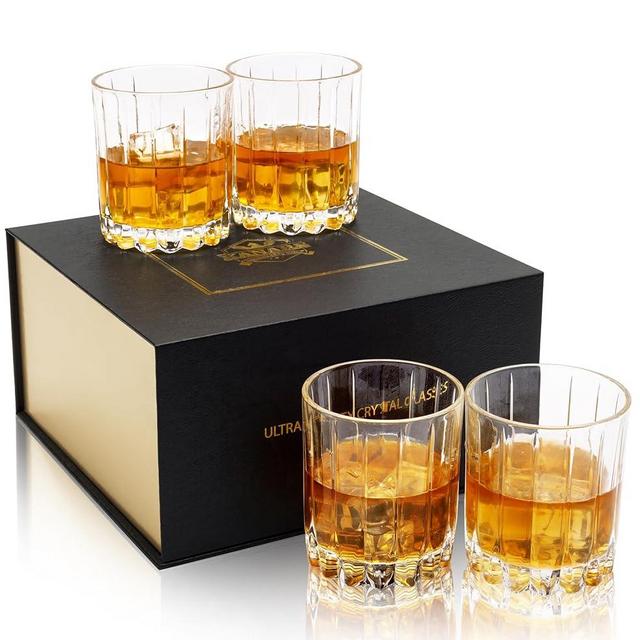 KANARS Crystal Whiskey Glasses, Set of 4 Rocks Glasses in Elegant Gift Box, 10 Oz Old Fashioned Lowball Glass for Bourbon, Scotch Whisky, Cocktails, Cognac, Liquor Drinking