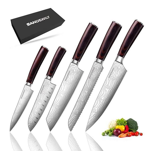 Professional Kitchen Chef Knife Set,5PCS German High Carbon Japanese stainless Steel Ultra Sharp Knives with Sheaths,Ergonomically Handle Multifunctional Cutter & Gift Boxed Knives,Sliver
