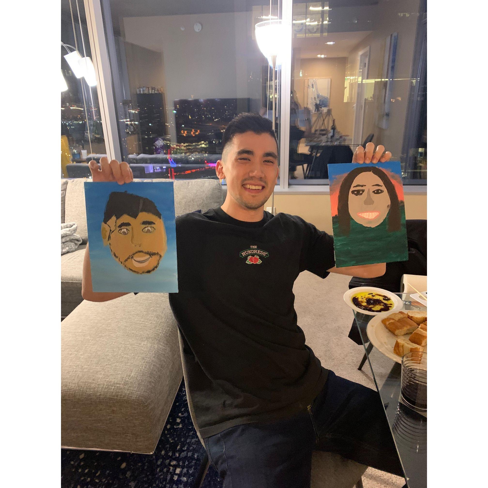1st Valentine's Day doing a Paint & Sip at home...pictured are supposed to be 'self portraits' of each other.