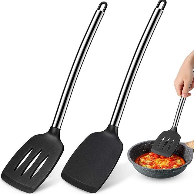 2 Pieces Silicone Turner Spatula Set Non-Stick Rubber Slotted Serving Turner Solid Spatula Spoonula with Stainless Steel Handle Cooking Utensils for Nonstick Cookware Pancake Fish (Black)