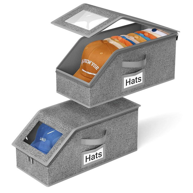 AOODA 2 PCS Stackable Hat Storage for Baseball Caps, Holds up to 24 Caps Cap Organizer for Closet, Sturdy Hat Boxes for Men with Cardboard, Slate Grey