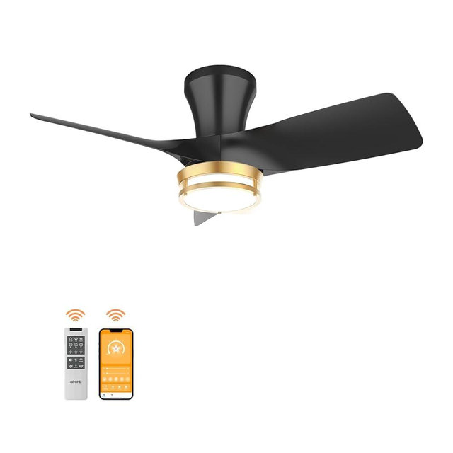 OPONL 30" Black low profile Ceiling Fan with Light, with Gold Trim Ring, Large Air Volume, flush mount ceiling fan for Bedroom Kitchen Dining room Patio