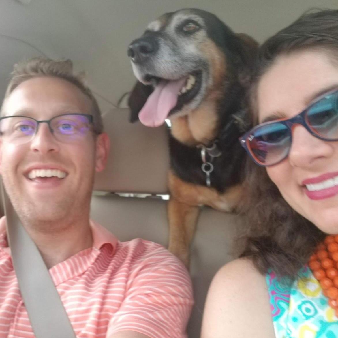 Road trip with a surfing dog.